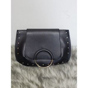 Jaeger Black Leather Silver Studs Inner Zip Pocket Snap Closure Clutch Purse